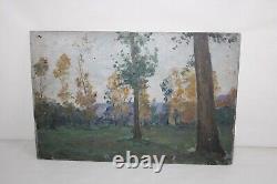 Ancien tableau huile sur panneau de bois, paysage arbres, dimensions 36x23.8 cm