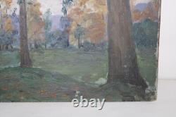 Ancien tableau huile sur panneau de bois, paysage arbres, dimensions 36x23.8 cm