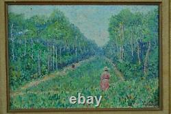 Ancien tableau paysage pointilliste Camille Lesné Les Pins Royan le Parc animé