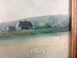 Ancien tableau peinture huile sur bois signé L. HENRY paysage et pêcheur 19ème