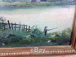 Ancien tableau peinture huile sur bois signé L. HENRY paysage et pêcheur 19ème