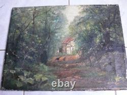 Ancien tableau peinture huile sur toile ferme poules sous bois signé