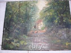Ancien tableau peinture huile sur toile ferme poules sous bois signé