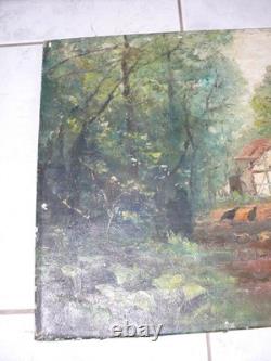 Ancien tableau peinture huile sur toile ferme poules sous bois signé