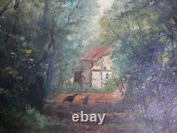 Ancien tableau peinture huile sur toile ferme poules sous bois signé