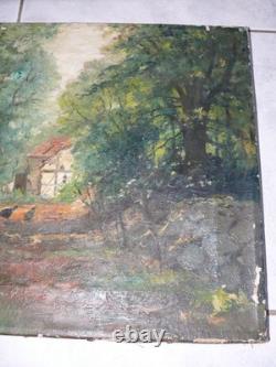 Ancien tableau peinture huile sur toile ferme poules sous bois signé