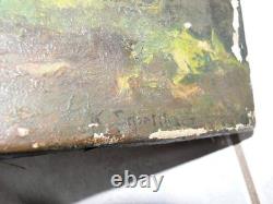 Ancien tableau peinture huile sur toile ferme poules sous bois signé