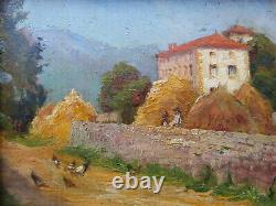 Ancien très beau petit tableau paysage bucolique poules Beaulieu Le Puy en Velay