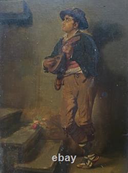 Ancienne Huile Sur Bois XIX S Signée Robert Aurele Joueur De Mandoline