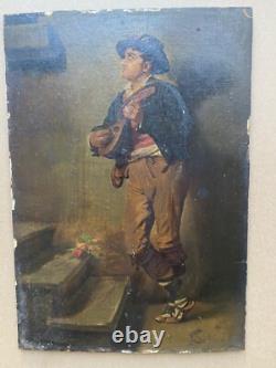 Ancienne Huile Sur Bois XIX S Signée Robert Aurele Joueur De Mandoline