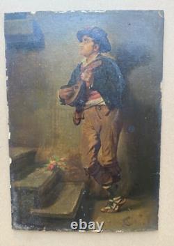 Ancienne Huile Sur Bois XIX S Signée Robert Aurele Joueur De Mandoline