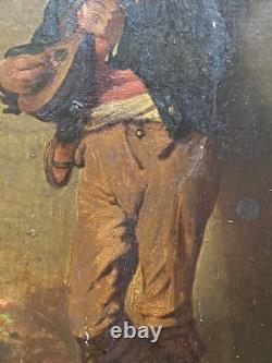 Ancienne Huile Sur Bois XIX S Signée Robert Aurele Joueur De Mandoline