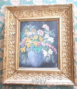 Ancienne Huile Sur Carton Bouquet De Fleurs Cadre Ancien Bois Dore