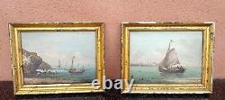 Ancienne Paire De Tableaux Marines Huile Sur Panneau Bois Signe