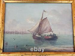 Ancienne Paire De Tableaux Marines Huile Sur Panneau Bois Signe