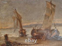 Ancienne Peinture Sur Bois Un Marine Deux Barques A Quai Signée Ch. A. 1882