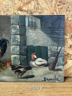 Ancienne huile sur bois XIXème, scène de basse cour, signée brunville (2)