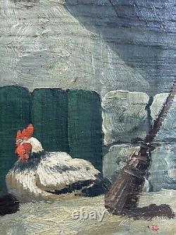 Ancienne huile sur bois XIXème, scène de basse cour, signée brunville (2)