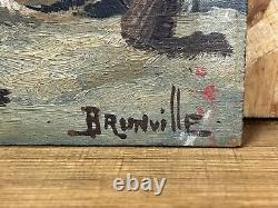 Ancienne huile sur bois XIXème, scène de basse cour, signée brunville (2)