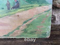 Ancienne huile sur panneau de bois précieux signée Paysage du pays de Van gogh