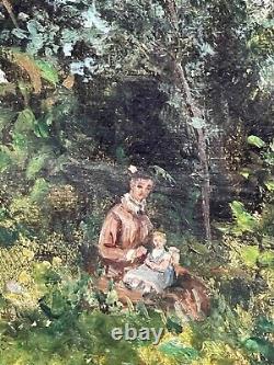 Ancienne peinture, XIXe, mère et enfant dans un sous-bois HST