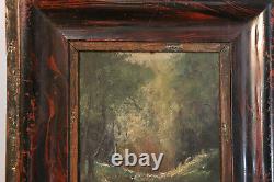 Ancienne peinture à l'huile sur panneau en bois, boisé, cygne, signée F P