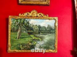 Ancienne peinture anglaise signée, paysage lacustre avec son cadre à fronton