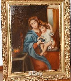 Ancienne peinture huile sur acajou la Vierge au raisin d'après Pierre Mignard