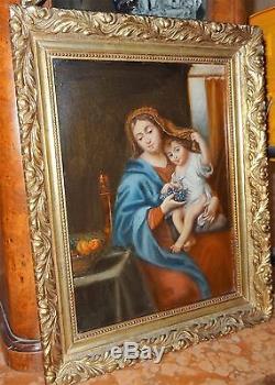 Ancienne peinture huile sur acajou la Vierge au raisin d'après Pierre Mignard