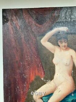 Ancienne peinture huile sur bois femme nu artistique drapée clair obscur 1900's