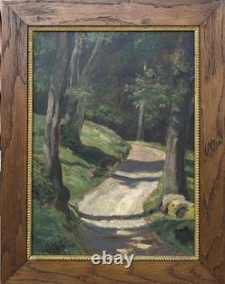 Antique 1917 Impressionist Oil Painting Forest Path Landscape Signed Framed