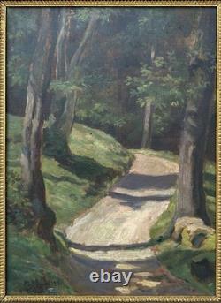 Antique 1917 Impressionist Oil Painting Forest Path Landscape Signed Framed