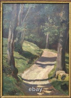 Antique 1917 Impressionist Oil Painting Forest Path Landscape Signed Framed