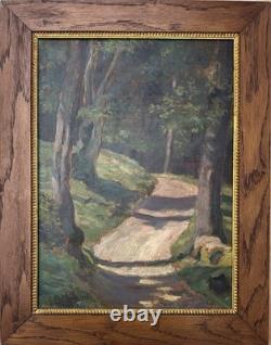 Antique 1917 Impressionist Oil Painting Forest Path Landscape Signed Framed