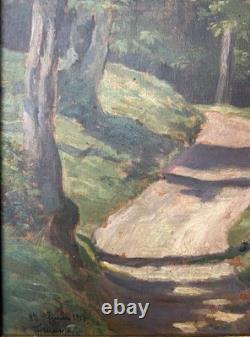 Antique 1917 Impressionist Oil Painting Forest Path Landscape Signed Framed