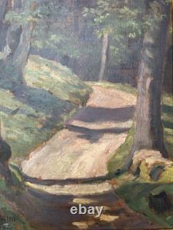 Antique 1917 Impressionist Oil Painting Forest Path Landscape Signed Framed