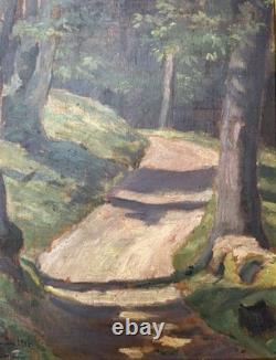 Antique 1917 Impressionist Oil Painting Forest Path Landscape Signed Framed