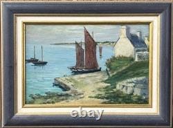 Antique 1944 Original Oil Painting Fishing Boat Normandy Village Signed Framed