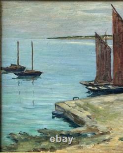 Antique 1944 Original Oil Painting Fishing Boat Normandy Village Signed Framed