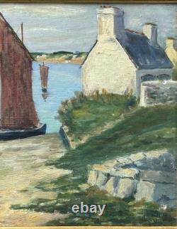 Antique 1944 Original Oil Painting Fishing Boat Normandy Village Signed Framed