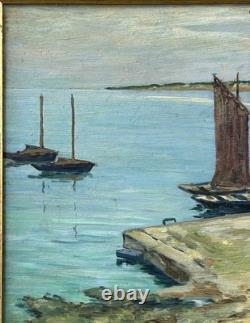 Antique 1944 Original Oil Painting Fishing Boat Normandy Village Signed Framed