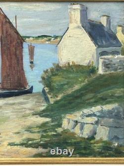 Antique 1944 Original Oil Painting Fishing Boat Normandy Village Signed Framed