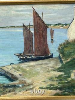 Antique 1944 Original Oil Painting Fishing Boat Normandy Village Signed Framed