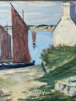Antique 1944 Original Oil Painting Fishing Boat Normandy Village Signed Framed