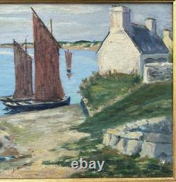 Antique 1944 Original Oil Painting Fishing Boat Normandy Village Signed Framed