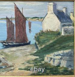 Antique 1944 Original Oil Painting Fishing Boat Normandy Village Signed Framed