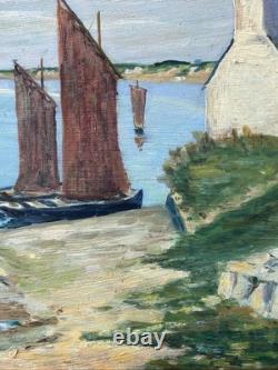 Antique 1944 Original Oil Painting Fishing Boat Normandy Village Signed Framed