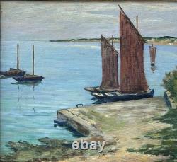Antique 1944 Original Oil Painting Fishing Boat Normandy Village Signed Framed