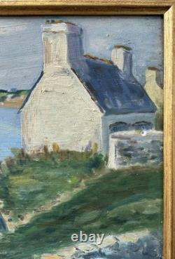 Antique 1944 Original Oil Painting Fishing Boat Normandy Village Signed Framed