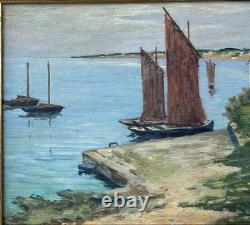 Antique 1944 Original Oil Painting Fishing Boat Normandy Village Signed Framed